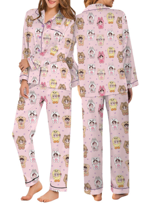 Women’s Kpop Characters Cute Satin Pajamas Set For Women, Pink Color, US Size S-5XL - Image 11