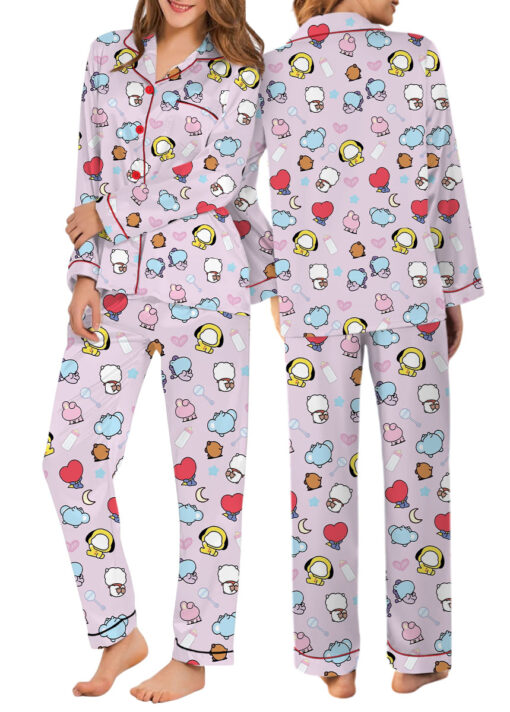 Women’s Kpop Characters Cute Satin Pajamas Set For Women, Pink Color, US Size S-5XL - Image 10