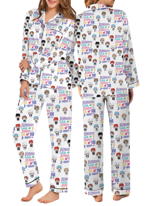 Women’s BT21 K-Pop Music Satin Pajamas Set For Women, White Color, US Size S-5XL - Image 11