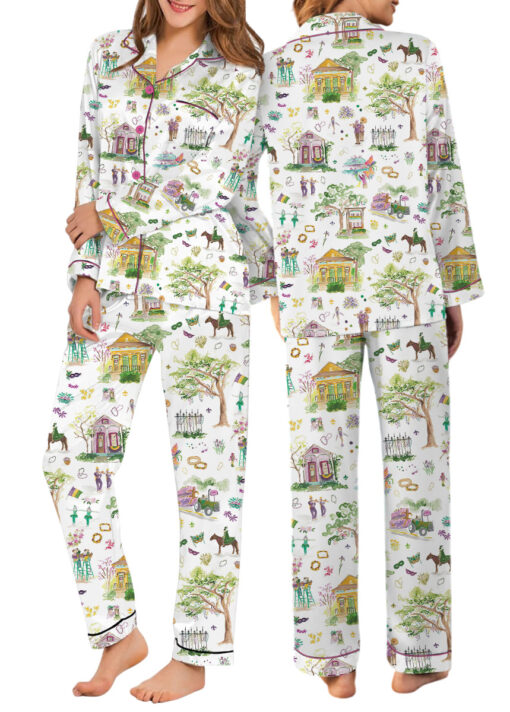 Women’s Mardi Gras Parade Satin Pajamas Set For Women, White Color, US Size S-5XL - Image 10