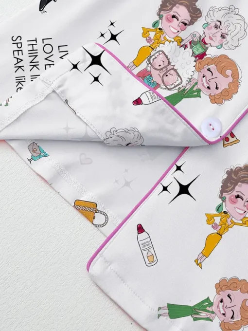 Women’s Golden Girls Classic Role Printed Lapel Satin Pajamas Set For Women, White Color, US Size S-5XL - Image 4