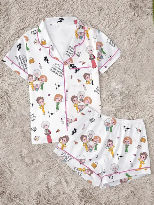 Women’s Golden Girls Classic Role Printed Lapel Satin Pajamas Set For Women, White Color, US Size S-5XL - Image 6