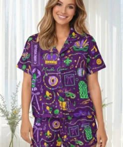 Women’s Mardi Gras Carnival Satin Pajamas Set For Women, White And Purple Color, US Size S-5XL