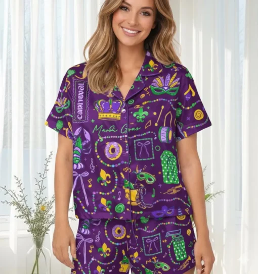 Women’s Mardi Gras Carnival Satin Pajamas Set For Women, White And Purple Color, US Size S-5XL - Image 3