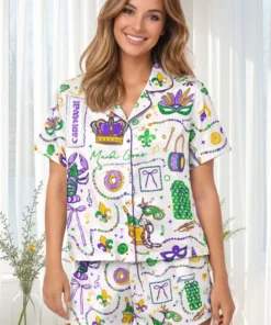 Alternative view of Women’s Mardi Gras Carnival Satin Pajamas Set For Women, White And Purple Color, US Size S-5XL