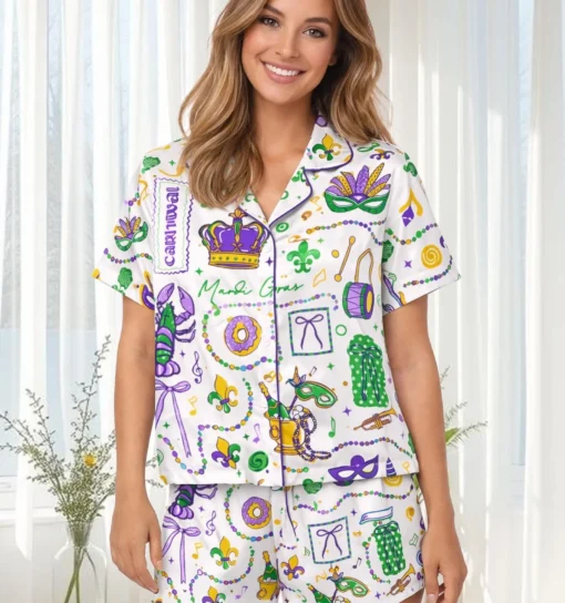 Women’s Mardi Gras Carnival Satin Pajamas Set For Women, White And Purple Color, US Size S-5XL - Image 2