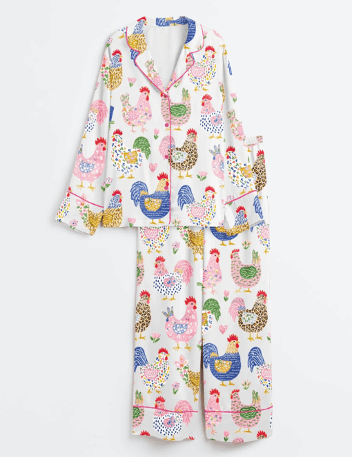 Women's Floral Chicken Satin Pajamas Set, White Color, US Size S-5XL - Image 10