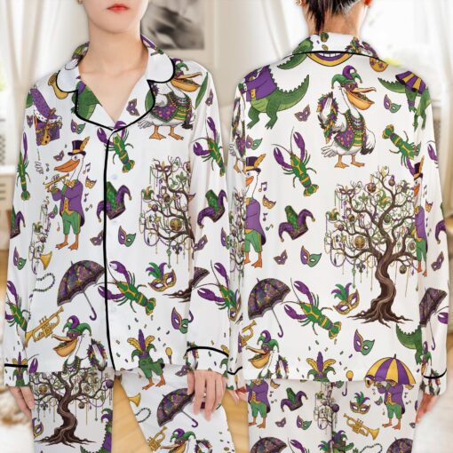 Women’s Mardi Gras Satin Pajamas Set For Women, White Color, US Size S-5XL - Image 3