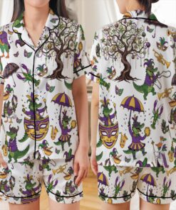 Women’s Mardi Gras Satin Pajamas Set For Women, White Color, US Size S-5XL