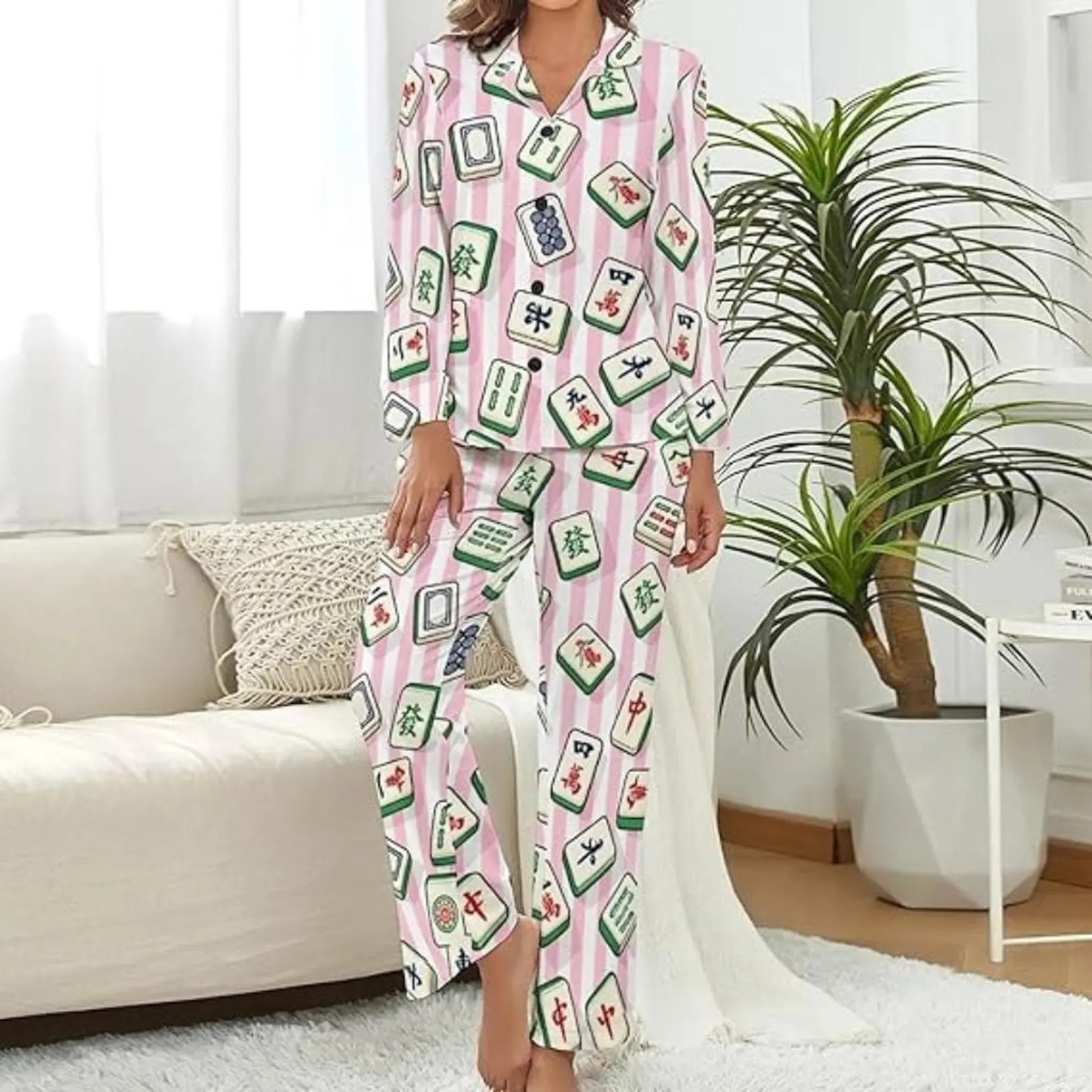 Women’s Chinoiserie Mahjong Satin Pajamas Set For Women, Light Pink Color, US Size S-5XL