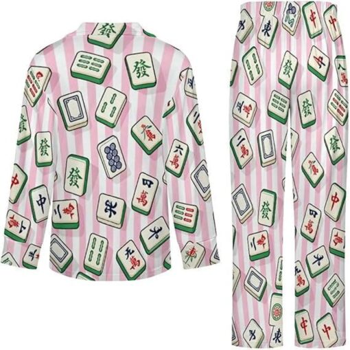 Women’s Chinoiserie Mahjong Satin Pajamas Set For Women, Light Pink Color, US Size S-5XL - Image 2