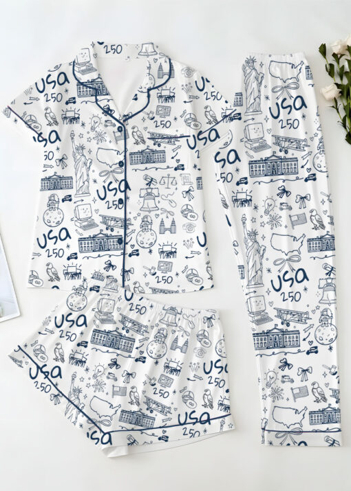 Women’s USA 250th Anniversary July 4th Patriotic Satin Pajamas Set For Women, White Color, US Size S-5XL - Image 14