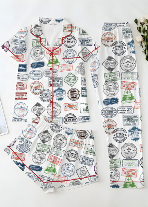 Women’s Passport Travel Stamps Satin Pajamas Set For Women, White Color, US Size S-5XL - Image 14