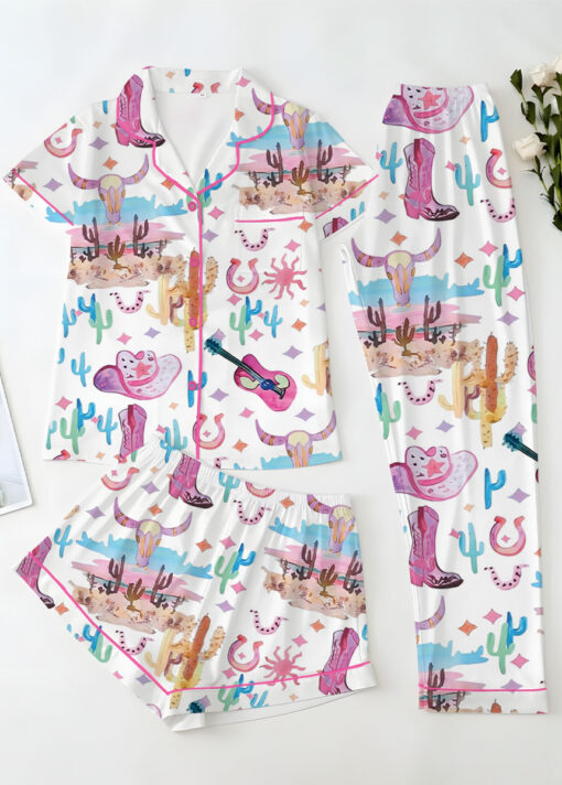 Women’s Colorful Cowgirl Satin Pajamas Set For Women, White Color, US Size S-5XL - Image 14
