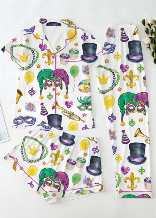 Women’s Mardi Gras New Orleans Satin Pajamas Set For Women, White Color, US Size S-5XL - Image 14