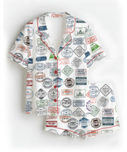 Women’s Passport Travel Stamps Satin Pajamas Set For Women, White Color, US Size S-5XL