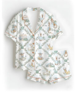 Women’s Peter Rabbit And Friends Satin Pajamas Set For Women, White Color, US Size S-5XL