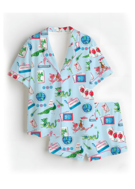 Women’s Chinoiserie Mahjong Satin Pajamas Set For Women, White And Light Blue Color, US Size S-5XL - Image 15