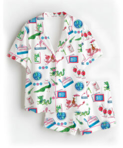 Women’s Chinoiserie Mahjong Satin Pajamas Set For Women, White And Light Blue Color, US Size S-5XL