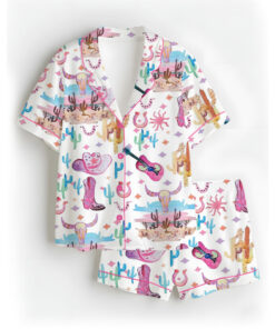 Women’s Colorful Cowgirl Satin Pajamas Set For Women, White Color, US Size S-5XL