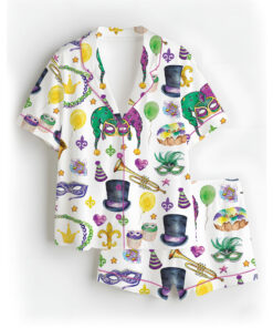 Women’s Mardi Gras New Orleans Satin Pajamas Set For Women, White Color, US Size S-5XL