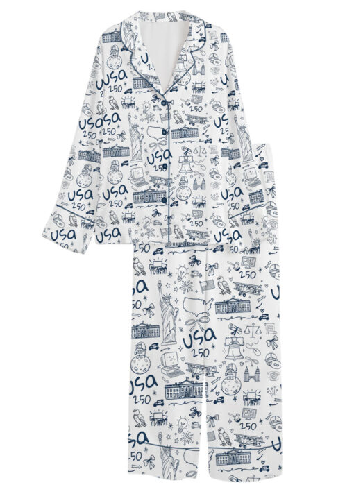 Women’s USA 250th Anniversary July 4th Patriotic Satin Pajamas Set For Women, White Color, US Size S-5XL - Image 9