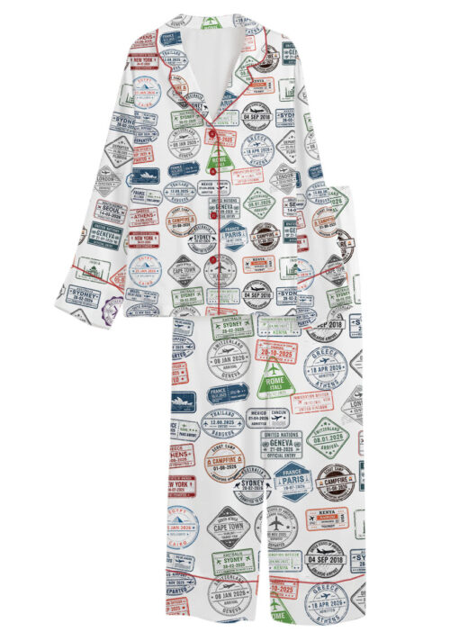 Women’s Passport Travel Stamps Satin Pajamas Set For Women, White Color, US Size S-5XL - Image 12