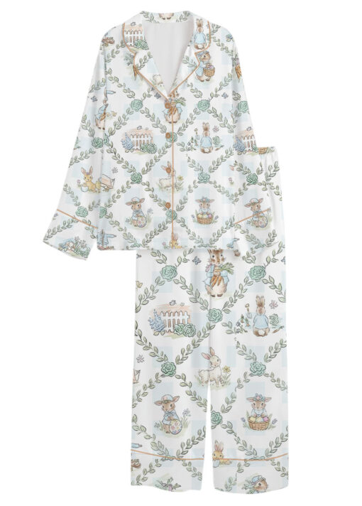 Women’s Peter Rabbit And Friends Satin Pajamas Set For Women, White Color, US Size S-5XL - Image 8