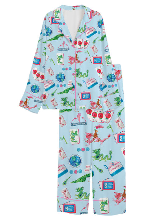 Women’s Chinoiserie Mahjong Satin Pajamas Set For Women, White And Light Blue Color, US Size S-5XL - Image 22