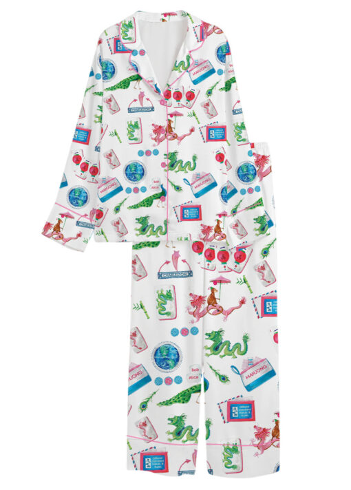 Women’s Chinoiserie Mahjong Satin Pajamas Set For Women, White And Light Blue Color, US Size S-5XL - Image 8