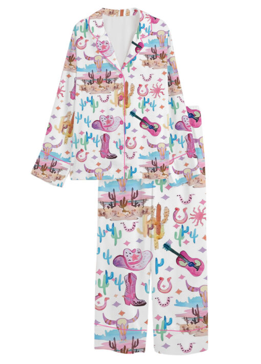 Women’s Colorful Cowgirl Satin Pajamas Set For Women, White Color, US Size S-5XL - Image 9