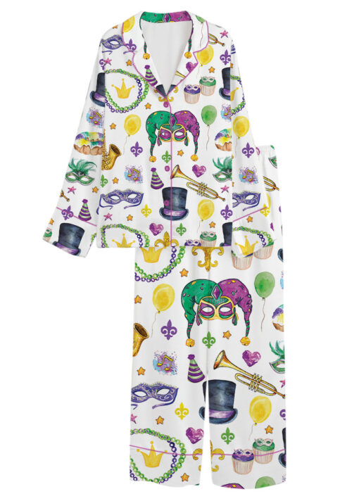 Women’s Mardi Gras New Orleans Satin Pajamas Set For Women, White Color, US Size S-5XL - Image 8