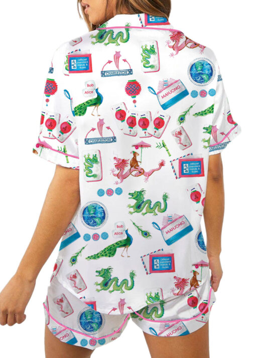 Women’s Chinoiserie Mahjong Satin Pajamas Set For Women, White And Light Blue Color, US Size S-5XL - Image 6