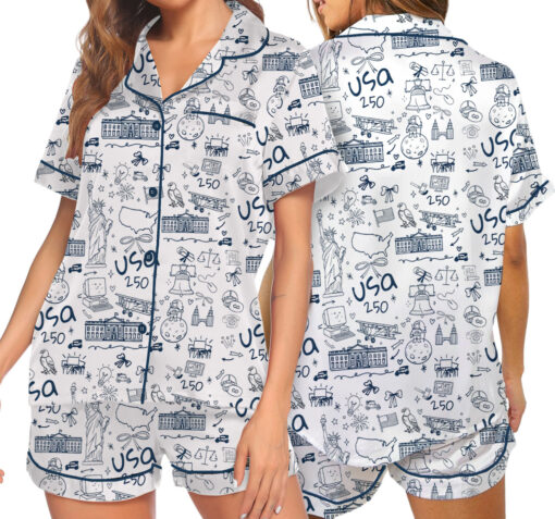 Women’s USA 250th Anniversary July 4th Patriotic Satin Pajamas Set For Women, White Color, US Size S-5XL - Image 5
