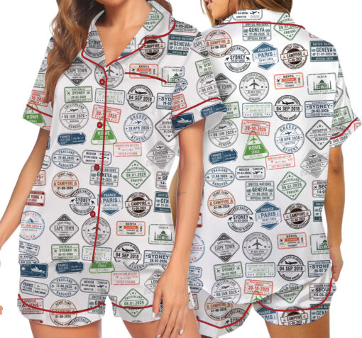 Women’s Passport Travel Stamps Satin Pajamas Set For Women, White Color, US Size S-5XL - Image 7