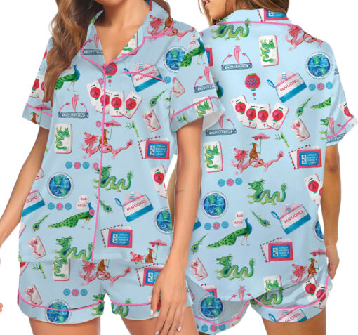Women’s Chinoiserie Mahjong Satin Pajamas Set For Women, White And Light Blue Color, US Size S-5XL - Image 21