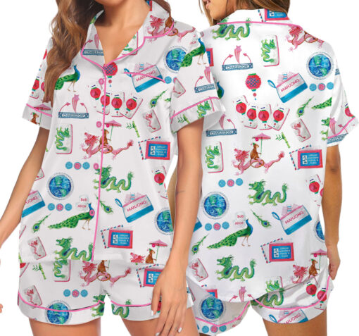 Women’s Chinoiserie Mahjong Satin Pajamas Set For Women, White And Light Blue Color, US Size S-5XL - Image 5