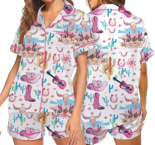 Women’s Colorful Cowgirl Satin Pajamas Set For Women, White Color, US Size S-5XL - Image 3