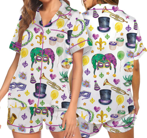Women’s Mardi Gras New Orleans Satin Pajamas Set For Women, White Color, US Size S-5XL - Image 5