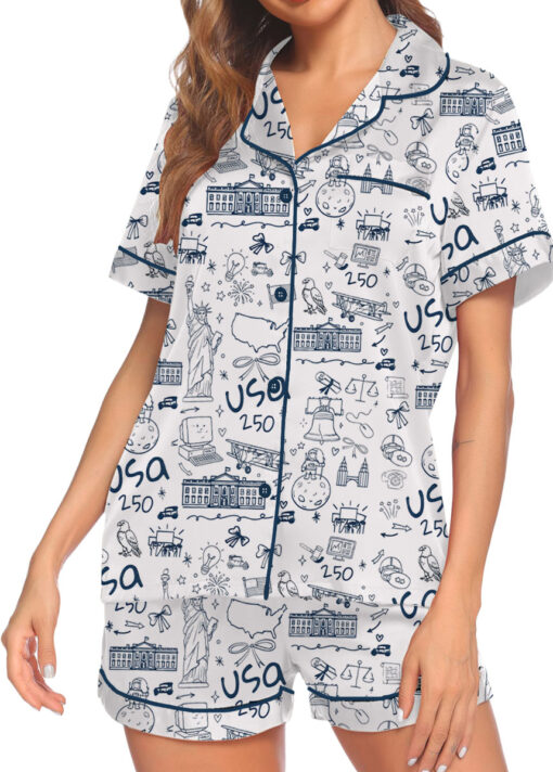 Women’s USA 250th Anniversary July 4th Patriotic Satin Pajamas Set For Women, White Color, US Size S-5XL - Image 4