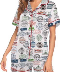 Alternative view of Women’s Passport Travel Stamps Satin Pajamas Set For Women, White Color, US Size S-5XL