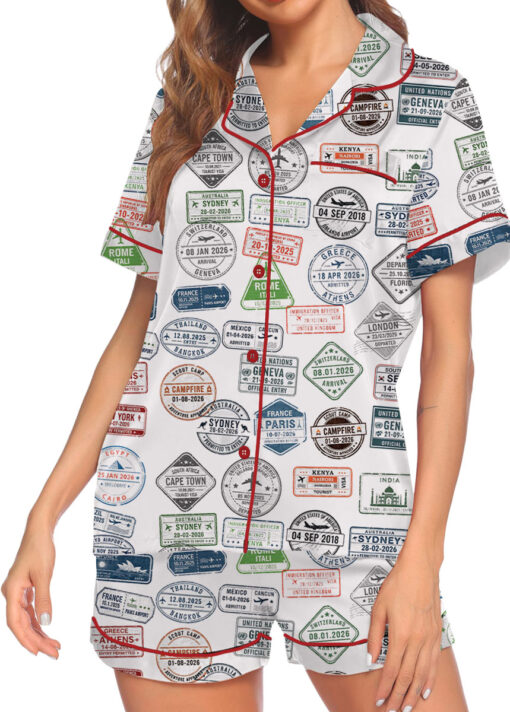 Women’s Passport Travel Stamps Satin Pajamas Set For Women, White Color, US Size S-5XL - Image 2
