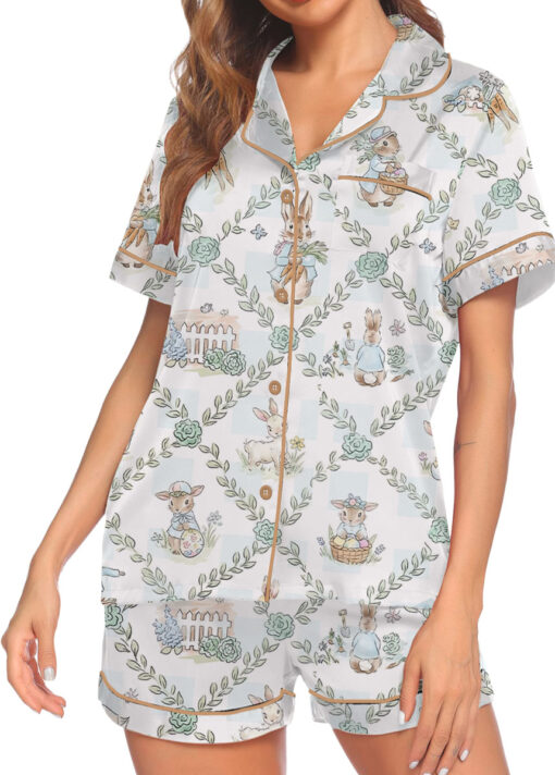 Women’s Peter Rabbit And Friends Satin Pajamas Set For Women, White Color, US Size S-5XL - Image 4