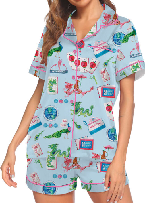 Women’s Chinoiserie Mahjong Satin Pajamas Set For Women, White And Light Blue Color, US Size S-5XL - Image 16