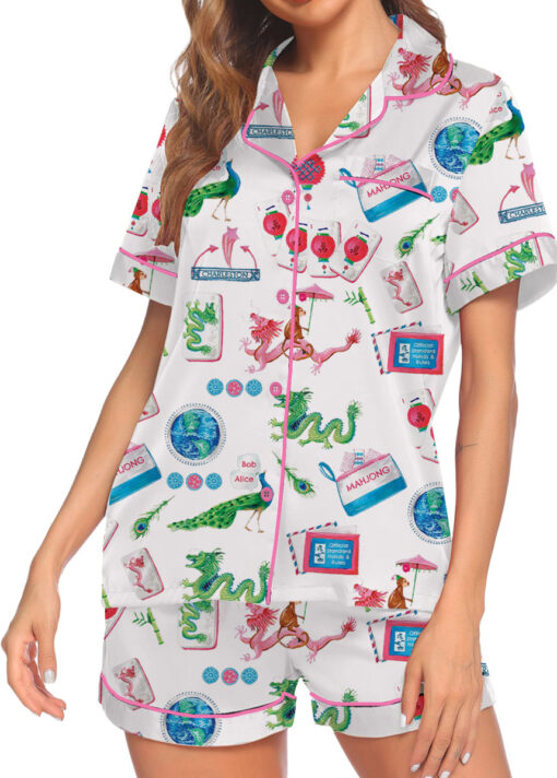 Women’s Chinoiserie Mahjong Satin Pajamas Set For Women, White And Light Blue Color, US Size S-5XL - Image 3