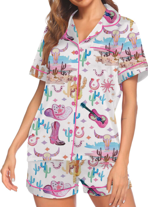 Women’s Colorful Cowgirl Satin Pajamas Set For Women, White Color, US Size S-5XL - Image 4