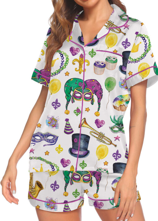 Women’s Mardi Gras New Orleans Satin Pajamas Set For Women, White Color, US Size S-5XL - Image 4