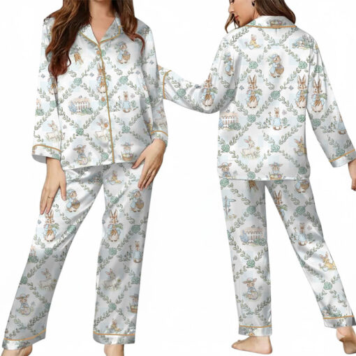 Women’s Peter Rabbit And Friends Satin Pajamas Set For Women, White Color, US Size S-5XL - Image 9