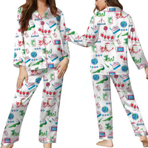 Women’s Chinoiserie Mahjong Satin Pajamas Set For Women, White And Light Blue Color, US Size S-5XL - Image 9