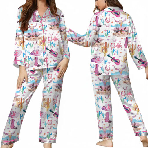 Women’s Colorful Cowgirl Satin Pajamas Set For Women, White Color, US Size S-5XL - Image 8